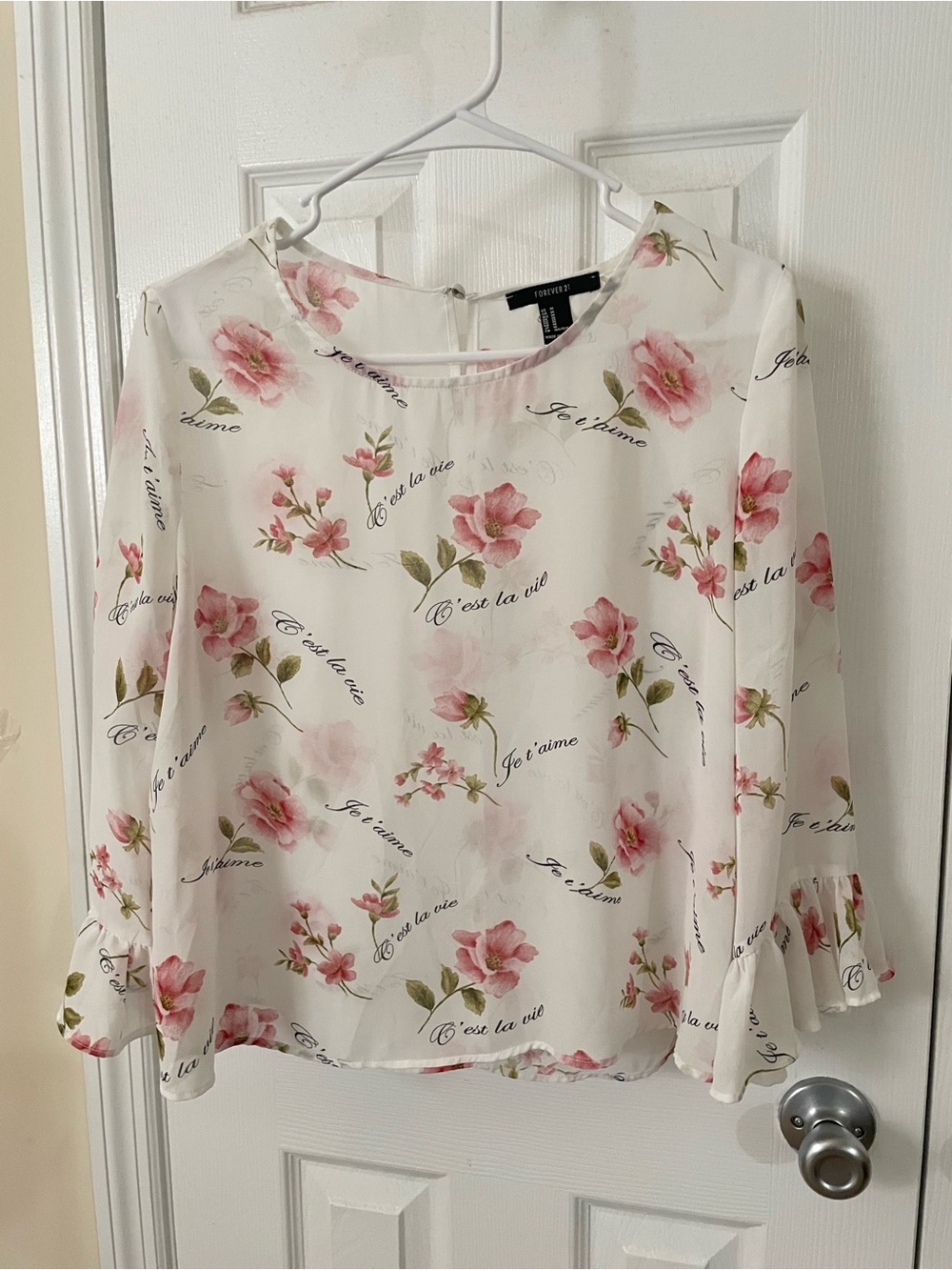 Forever 21 Translucid Floral Print White Blouse